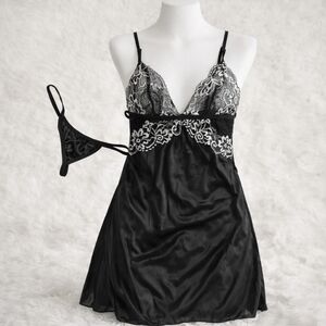 Sexy Black Satin & White Lace Babydoll Set - Size M - New